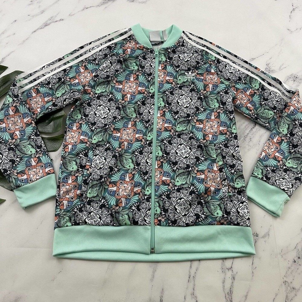 Adidas Girls Track Jacket Size XL Green Black Zoo Animals Zebra Parrots Youth